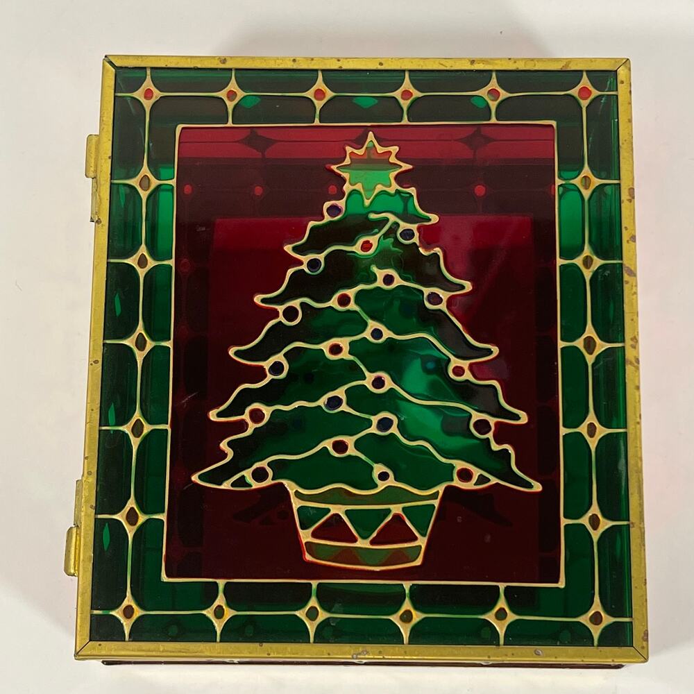 Wow Christmas Tree Stained Glass Style Jewelry Trinket Box W/ Mirrored Interior